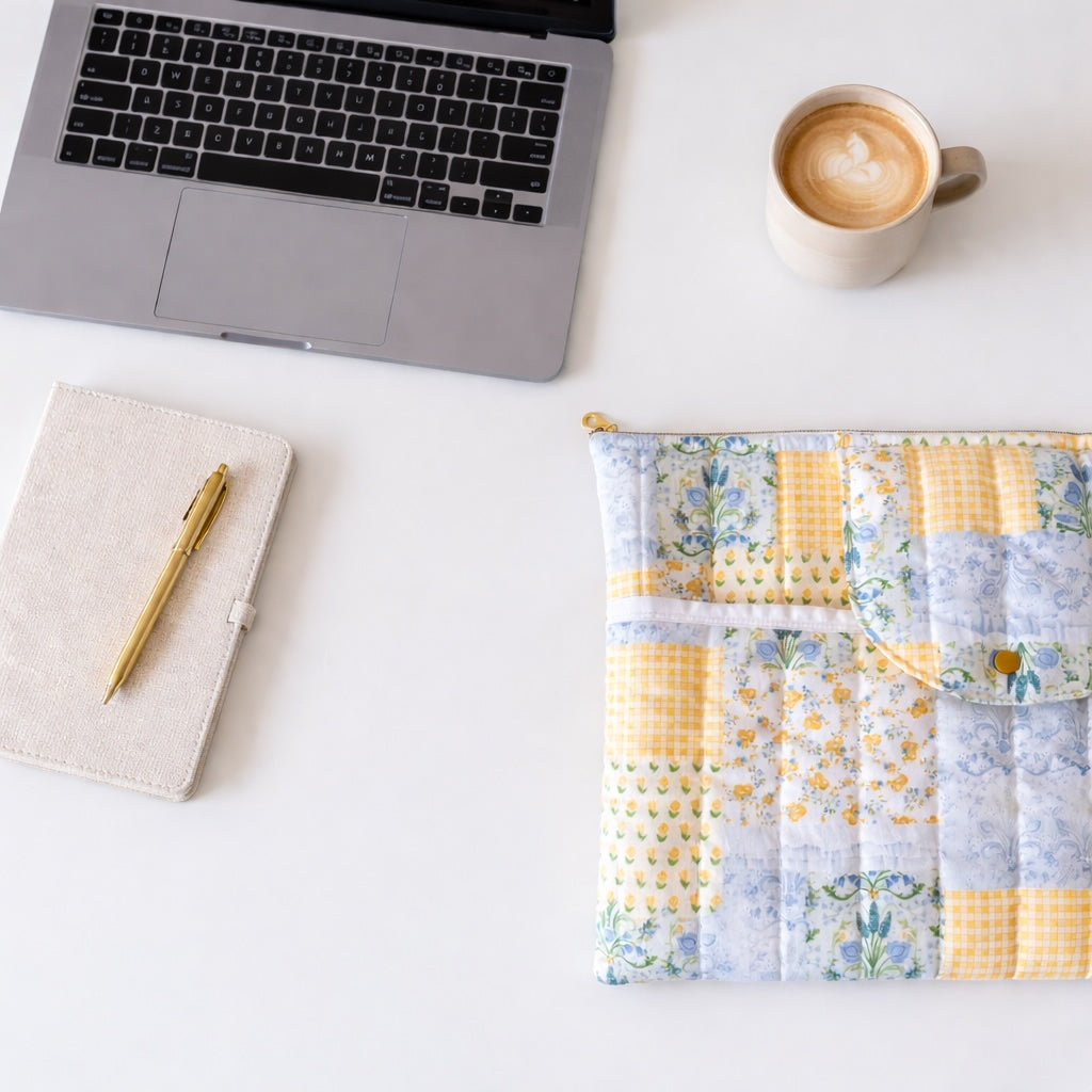 Laptop, notebook, pen, and patchwork print floral sleeve on a white surface