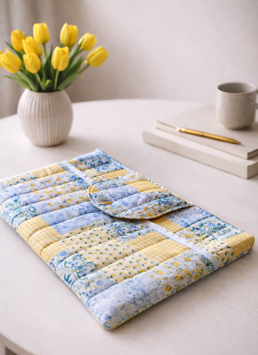 Quilted laptop sleeve with floral patchwork print pattern on a table with yellow tulips and a mug.